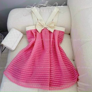 Đầm Babydoll phối nơ dây chéo form 45k-58kg mặcchất vải Xốp tơ hạt nổi