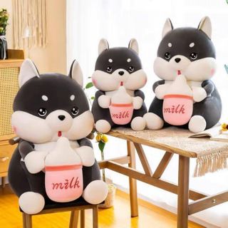 Gấu bông chó Husky ôm bình sữa, Gấu ôm thú nhồi bông siêu to khổng lồ cho bé cute dễ thương size 60cm/80cm