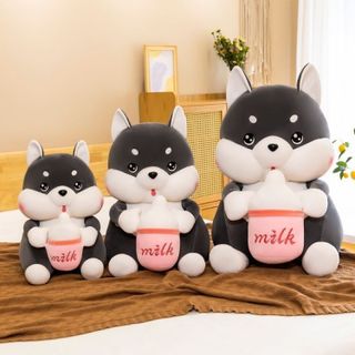 Gấu bông chó Husky ôm bình sữa, Gấu ôm thú nhồi bông siêu to khổng lồ cho bé cute dễ thương size 60cm/80cm