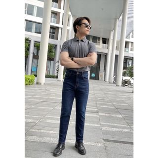 Quần Jeans nam ALE JEANS, ống suông ôm, co giãn nhẹ, xanh đậm, chất liệu thun cotton MWID002D