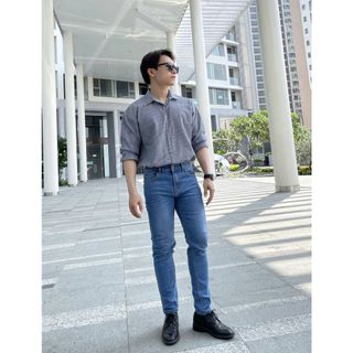 Quần Jeans nam ALE JEANS, ống suông ôm, co giãn nhẹ, xanh nhạt, chất liệu thun cotton MWID001M