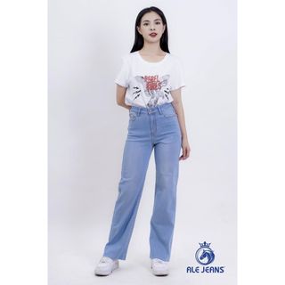 Quần Jeans nữ ALE JEANS, ống rộng thả lai, co giãn nhẹ, màu xanh lợt, chất liệu thun cotton WWID003L