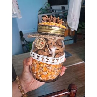 Lọ thủy tinh, vải ren trang trí, decor, bằng bắp ngô khô