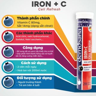 Viên sủi bổ sung sắt tăng sức đề kháng Demosana Iron C hương vị quả lý chua đen nhập khẩu Đức tuýp 20 viên 4g