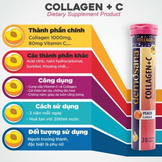 Viên sủi bổ sung Collagen C Demosana giúp đẹp da trắng sáng tăng đề kháng nhập khẩu Đức hương vị Đào tuýp 20 viên 4g