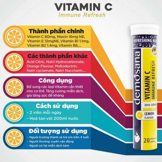 Viên sủi bổ sung Vitamin C Demosana hỗ trợ tăng sức đề kháng chống oxi hóa làm đẹp da nhập khẩu Đức hương vị Chanh tuýp 20 viên 4g