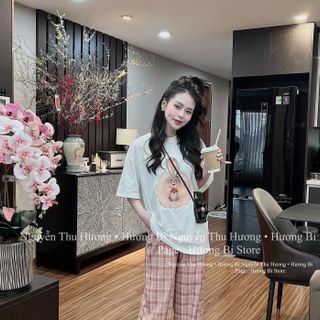 SET ÁO THỎ HỒNG MIX QUẦN SUÔNG KẺ HỒNG