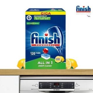 COMBO 4 món Finish Hộp 120 viên rửa chén All in 1 + Hộp 1,2kg muối + Chai 800ml làm bóng + Vệ sinh máy rửa chén Finish