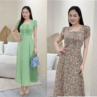 Đầm xòe hoa nhí form dài, cổ vuông xếp ly bèo, tay búp sen - GR0243 giá sỉ