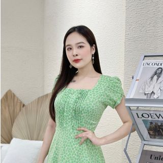 Đầm xòe hoa nhí form dài, cổ vuông xếp ly bèo, tay búp sen - GR0243
