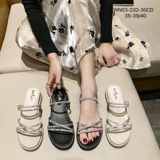 Sandal nữ đế bệt dây chéo đính đá Wn03