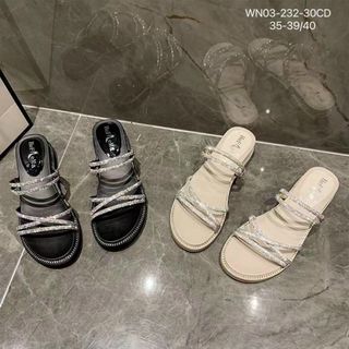 Sandal nữ đế bệt dây chéo đính đá Wn03