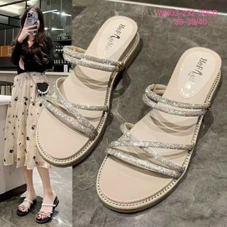 Sandal nữ đế bệt dây chéo đính đá Wn03