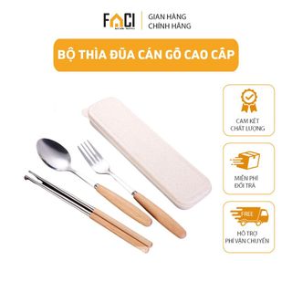 Bộ thìa đũa FACI dụng cụ cá nhân cán gỗ cao cấp kèm hộp hộp đựng lúa mạch giá sỉ