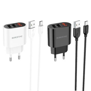 Bộ Cóc Cáp Sạc Có Đèn Báo Sạc Đầy Type C BA63A Borofone - 2 Cổng USB 12W chuẩn EU