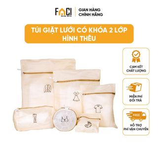 Túi lưới giặt đồ Faci có khóa 2 lớp. Túi lưới giặt đồ hình thêu bộ 6 túi nhiều kích thước giúp bảo vệ quần áo tránh nhàu