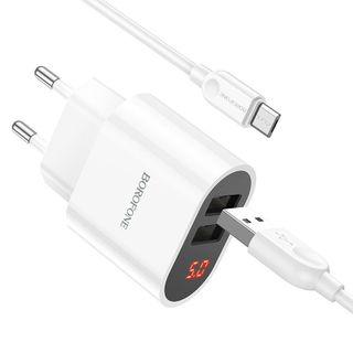 Bộ Cóc Cáp Sạc Có Đèn Báo Sạc Đầy Micro BA63A Borofone - 2 Cổng USB 12W chuẩn EU