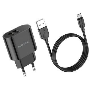 Bộ Cóc Cáp Sạc Có Đèn Báo Sạc Đầy Micro BA63A Borofone - 2 Cổng USB 12W chuẩn EU