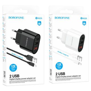Bộ Cóc Cáp Sạc Có Đèn Báo Sạc Đầy Micro BA63A Borofone - 2 Cổng USB 12W chuẩn EU