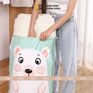 Túi đựng chăn Faci vải nilong cỡ lớn. Túi đựng chăn màn gối quần áo chống nước dây rút hình gấu đáng yêu tiện lợi 135l