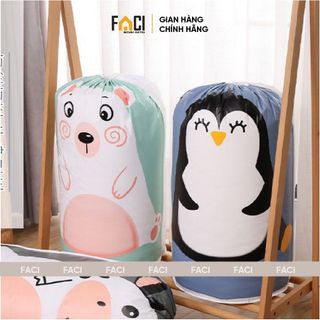Túi đựng chăn Faci vải nilong cỡ lớn. Túi đựng chăn màn gối quần áo chống nước dây rút hình gấu đáng yêu tiện lợi 135l