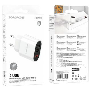 Cóc Sạc 12W Có Đèn Báo Sạc Đầy BA63A Borofone - 2 Cổng USB chuẩn EU