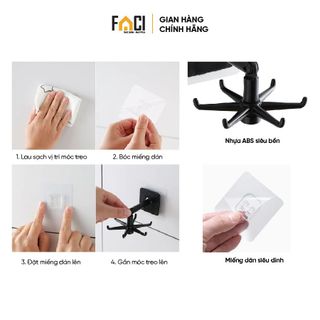 Móc treo tường Faci 6 cạnh. Móc treo tường đa năng xoay 360 độ siêu dính treo dụng cụ nhà bếp nhà tắm quần áo đồ lót