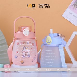 Bình nước có ống hút Faci tự động bật ra. Bình nước có ống hút có chia vạch thông báo giờ uống nước loại lớn 2L và 1.4L