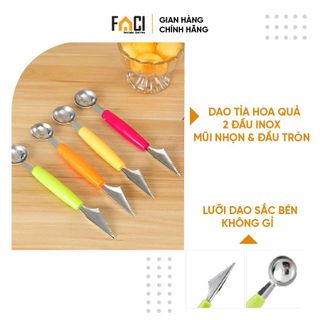 Dao tỉa hoa quả Faci 2 đầu inox. Dao tỉa hoa quả khắc tỉa thìa nạo tạo hình hoa quả múc dưa hấu trái cây rau củ