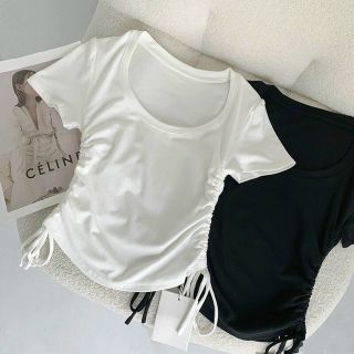 Áo tay ngắn croptop dây rút chất conton co giản. Giá sỉ - giá bán buôn