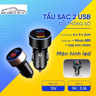 Tẩu cắm sạc trên ô tô, Tẩu sạc ô tô 2 cổng usb làm bằng kim loại sơn tĩnh điện phủ ABS có màn led báo điện áp giá sỉ