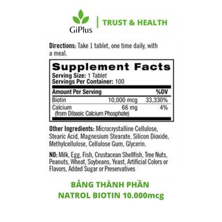 Viên Uống Hỗ Trợ Mọc Tóc, Móng Natrol Biotin 10.000mcg (100 Viên/Lọ)