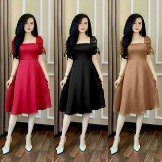 Đầm xoè cổ vuông tay nơ