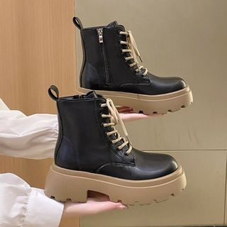 Bốt nữ cổ cao MARTIN chất da lì mềm, có khóa sườn đế răng cưa 5p phong cách tuổi teen hai màu đen và đen đế nâu bản trung shopchuotxinh