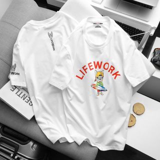 Áo Thun Nam Cổ Tròn Lifework 2, Áo Phông Unisex Ngắn Tay Cotton 4 Chiều VảI Dày Dặn Bo Cổ Đồng Màu - Nicemen