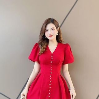 Đầm cổ v nút xòe hàng thiết kế