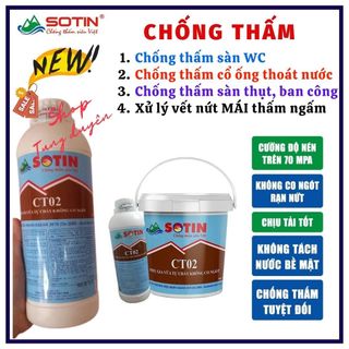 (Lon 5 lít) Phụ gia chống thấm tự chảy CT02 Sotin cao cấp, chống thấm cổ ống thoát nước, chống thấm ngấm mái nhà, vết nứt ban công, nền vệ sinh , hộp kỹ thuật