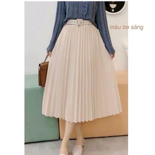 CHÂN VÁY XẾP LY KÈM ĐAI MIDI VINTAGE DÁNG CÔNG SỞ LƯNG CAO