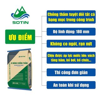 Xi măng chống thấm SOTIN cao cấp, xây trát, ốp lát, cán nền chống thấm vĩnh cửu độ bền hết tuổi thọ của công trình.