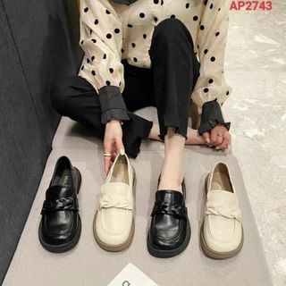 Giày lười nữ chất da mềm họa tiết nơ xoắn đẹp