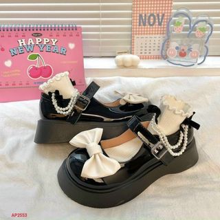 giày búp bê nữ đen đính nơ phối ngọc trai đẹp