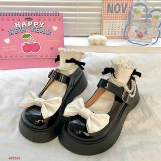 giày búp bê nữ đen đính nơ phối ngọc trai đẹp