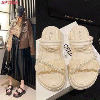 Sandal nữ quai nhún phố quai chéo ngọc trai