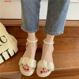 Sandal nữ quai ngang phối đen nhún đính ngọc trai đẹp giá sỉ