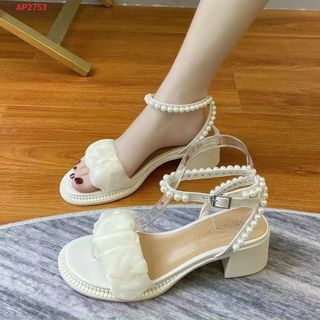 Sandal nữ quai ngang phối đen nhún đính ngọc trai đẹp