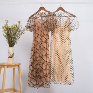Đầm Maxi 2 Mảnh Phối Lưới Cổ Tròn Cánh Tiên Golden Bamboo Fashion Họa Tiết Chữ Bắt Chéo Màu Sắc Đen Và Da
