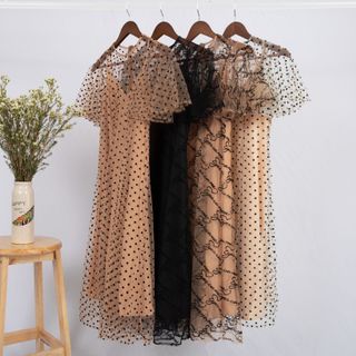Đầm Maxi 2 Mảnh Phối Lưới Cổ Tròn Cánh Tiên Golden Bamboo Fashion Họa Tiết Chữ Bắt Chéo Màu Sắc Đen Và Da
