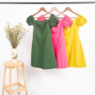 Đầm bẹt vai tay phồng Golden Bamboo Fashion chất liệu vải satin đơn sắc họa tiết trơn trẻ trung năng động