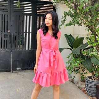 Đầm cổ tim sát nách buộc dây lưng dáng xòe Golden Bamboo Fashion họa tiết trơn màu đỏ và xanh biển thích hợp dự tiệc