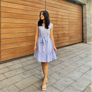 Đầm cổ tim sát nách buộc dây lưng dáng xòe Golden Bamboo Fashion họa tiết trơn màu đỏ và xanh biển thích hợp dự tiệc